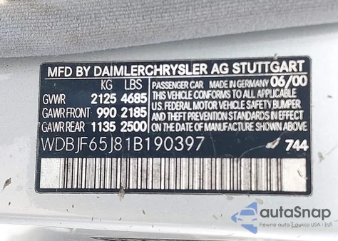 2001 Mercedes-Benz E 320 из США, поврежденный, VIN WDBJF65J81B190397